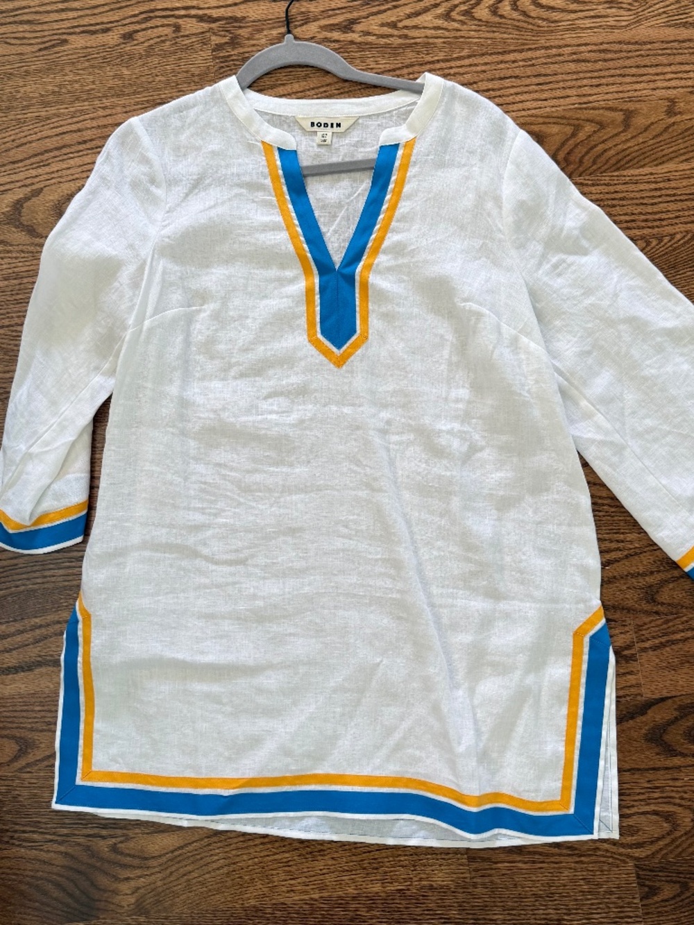 Boden 100% Linen Cleo Tunic Cover Up Size *R Beach Coastal White Blue and Yellow